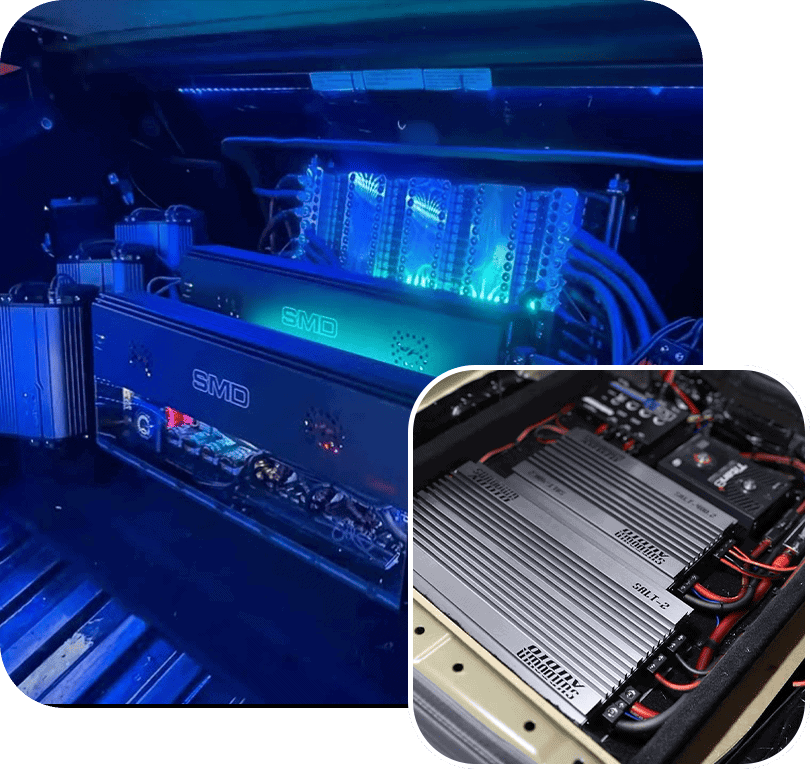 Car audio amplifiers with blue LED lights