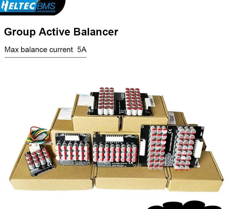 Image of several Heltec 5.5a 6s Balancer modules on cardboard boxes, each showcasing multiple capacitors and connectors, with Group Active Balancer and Max balance current 5A text above.