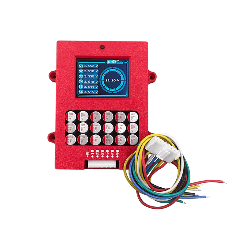 The Heltec 5.5a 6s Balancer and Display is a red electronic device with a digital screen for voltage readings, a series of buttons below, and wires featuring white connectors, suggesting its role as a battery management system or similar component.