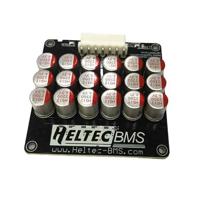 Close-up image of the Heltec 5.5a 6s Balancer electronic board, showcasing multiple cylindrical capacitors marked with H512 2000 2.7V. A connector is positioned on top, and a website URL is visible at the bottom.