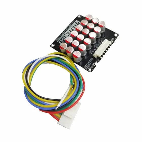 The Heltec 5.5a 6s Balancer features a compact circuit board with rows of capacitors and is connected to a vibrant wire bundle in blue, yellow, green, red, and white via a white connector.