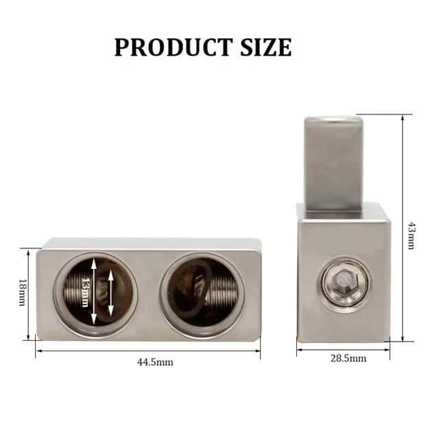 The Dual 1/0 Gauge to 1/0 Gauge Amp Input Reducers feature a metal body with dual circular openings and a bolt-equipped rectangular extension visible from the side. Dimensions are 44.5mm wide, 18mm high, and 28.5mm deep, with the extensions height at 43mm.