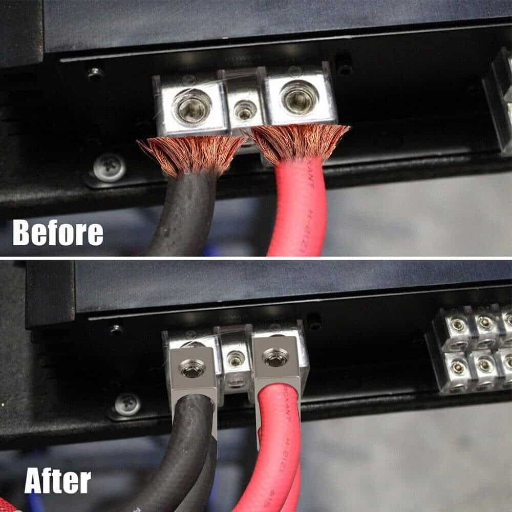 Electrical connections before and after; frayed wires vs. secured wires with connectors.