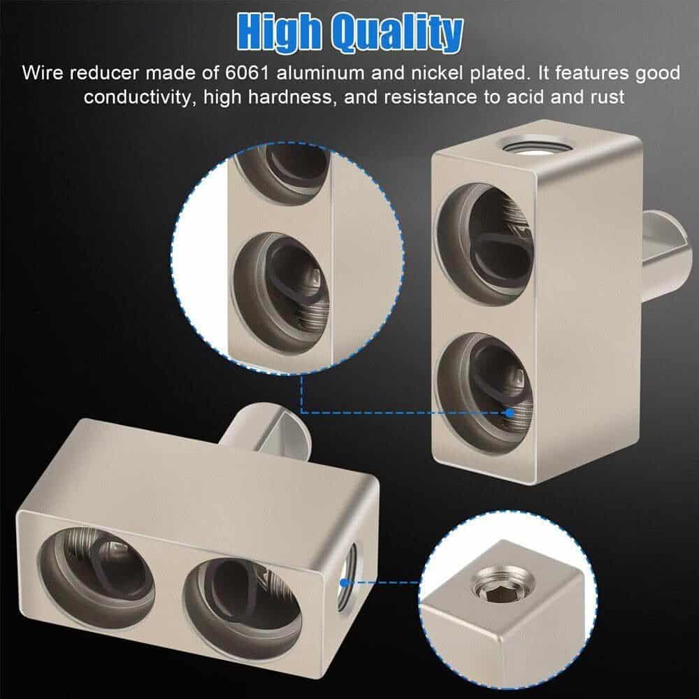 Wire reducer in nickel-plated 6061 aluminum, showing threaded holes and detailed structure.