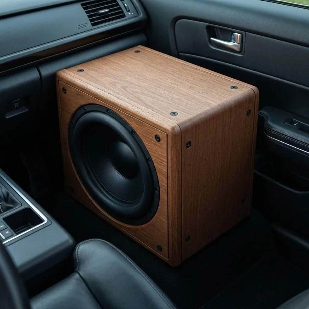 Wooden subwoofer installed inside car interior