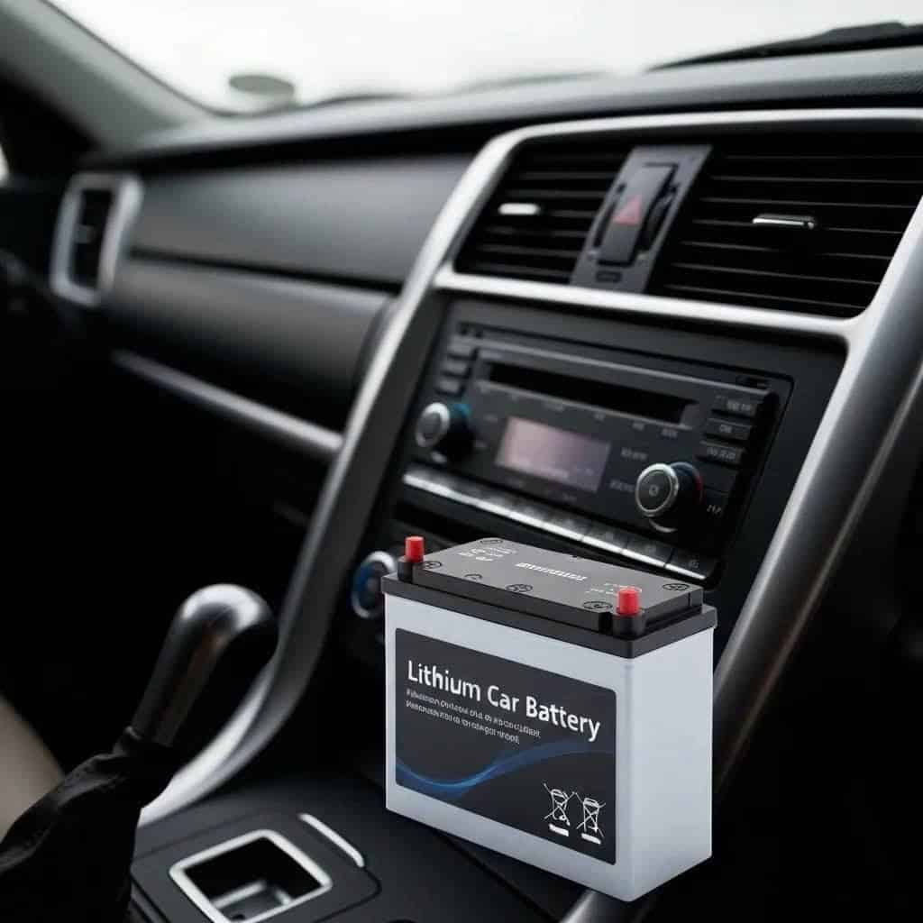 Lithium car battery inside modern vehicle interior
