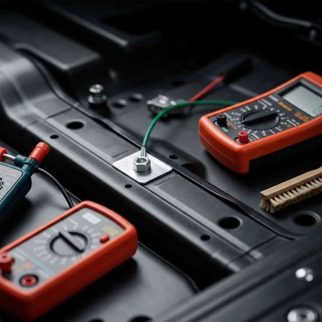 Digital multimeters on metal surface for electrical testing