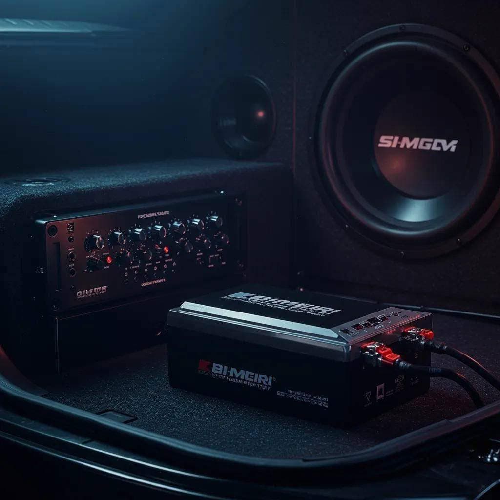 Car audio amplifier and subwoofer setup in trunk