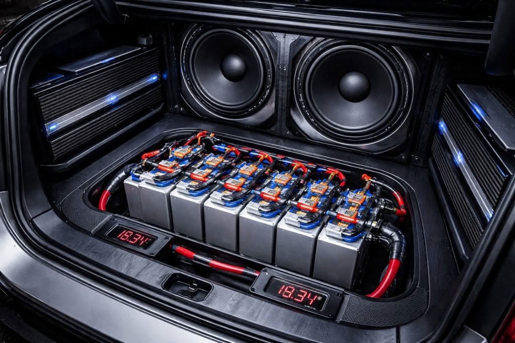 High power car audio system with batteries