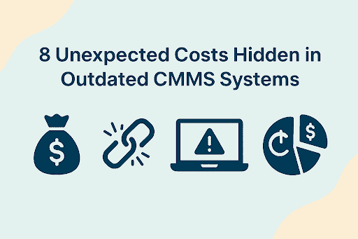 Light blue landscape banner with the heading “8 Unexpected Costs Hidden in Outdated CMMS Systems” and icons of a money bag, broken link, warning laptop, and cost pie chart.