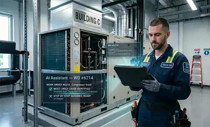 eWorkOrders AI Work Order Assistant providing real-time task-specific guidance to enterprise maintenance technician inside CMMS