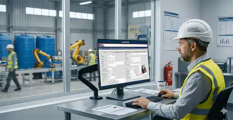 Maintenance engineer reviewing asset lifecycle costs and depreciation data on tablet using eWorkOrders EAM software at a manufacturing facility