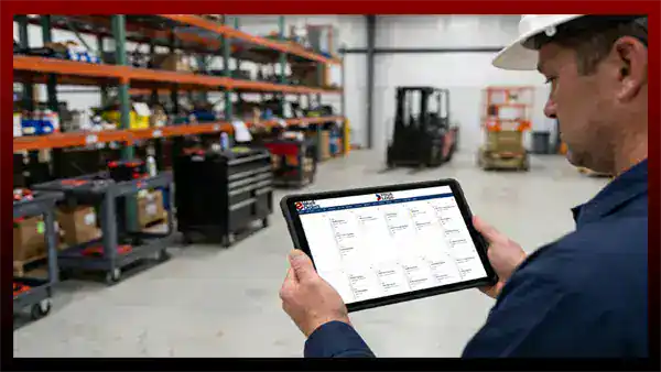 Technician holding a tablet to manage eWorkOrders Asset Reservation Requests