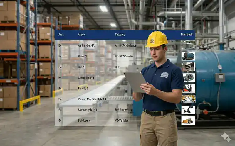 Maintenance technician reviewing parts linked to work order in eWorkOrders CMMS — asset number, bin location, and quantity on hand visible on screen