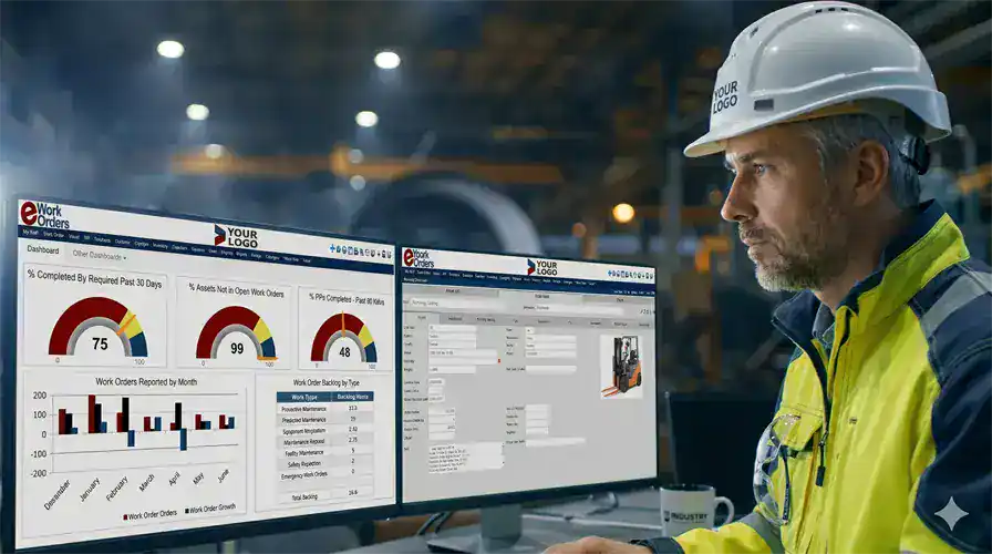 Maintenance manager reviewing real-time work order status and technician activity on eWorkOrders CMMS dashboard while technicians work in the field