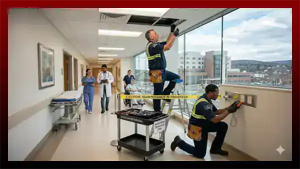 Hospital healthcare maintenance team doing repair work in the hospital.