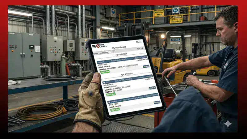Maintenance technician using eWorkOrders CMMS mobile app on smartphone to receive and complete a work order in the field
