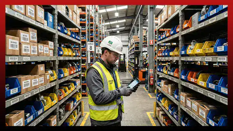 Maintenance technician reviewing spare parts inventory on tablet using eWorkOrders CMMS — real-time stock levels, part numbers, reorder status, and asset linkage visible on screen