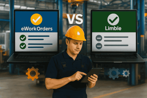 Maintenance workers comparing CMMS options, selecting eWorkOrders over Limble CMMS.