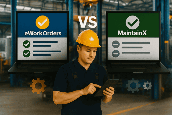 Maintenance worker comparing CMMS software on laptops, choosing eWorkOrders over MaintainX.