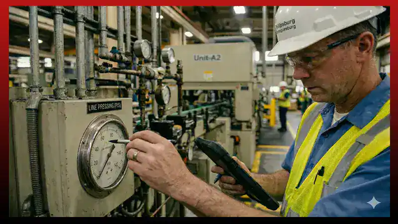 Técnico de mantenimiento que utiliza eWorkOrders Aplicación móvil CMMS en smartphone para recibir y completar una orden de trabajo en el campo.