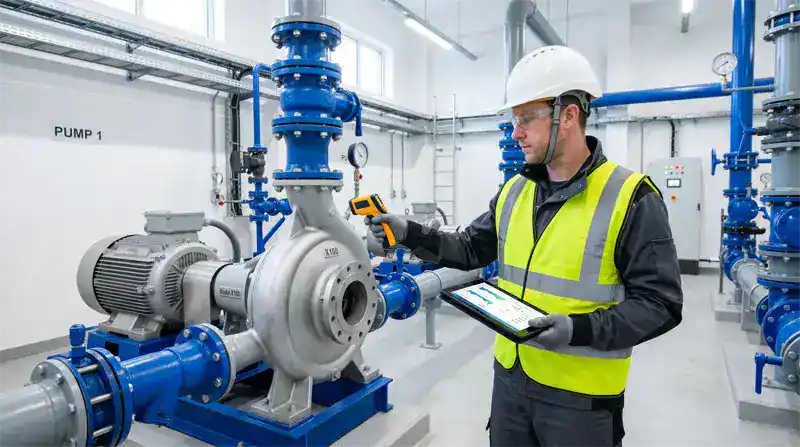 Técnico de mantenimiento que utiliza una pistola de sensor de temperatura y una tableta en una bomba industrial con integración de IoT que alimenta las lecturas del medidor a eWorkOrders CMMS