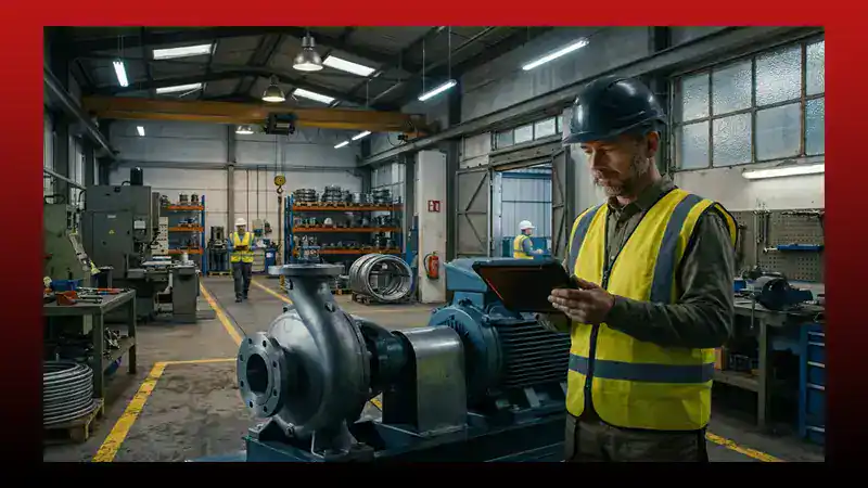 Maintenance manager reviewing eWorkOrders CMMS predictive maintenance data showing equipment condition trends and threshold alerts