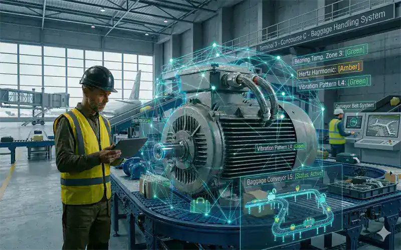 Maintenance technician reviewing equipment threshold alerts and condition monitoring data in a CMMS dashboard on a laptop at a manufacturing facility