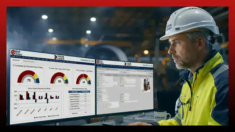 eWorkOrders CMMS reporting dashboard showing maintenance KPIs, work order status, asset downtime metrics, and real-time performance data for maintenance managers