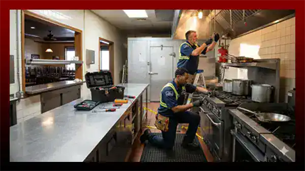 Restaurent maintenance workers finising up their work order by eworkordrs.