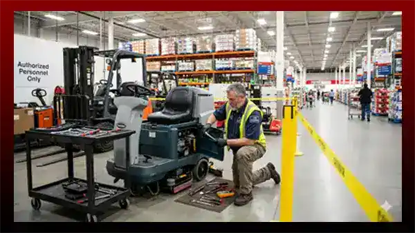 Retail maintenance guy repairing a scooter responding to his work order.