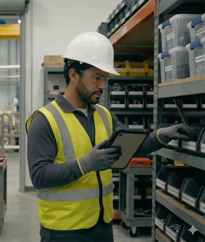 Maintenance technician checking spare parts inventory on tablet in eWorkOrders CMMS parts storeroom