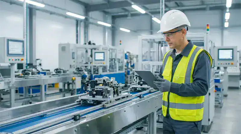 Maintenance manager reviewing integrated system data across CMMS, ERP, and IoT platforms in an industrial facility