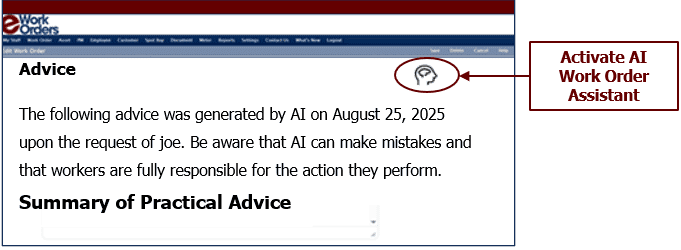 eWorkOrders AI Work Order Assistant providing real-time task-specific guidance to enterprise maintenance technician inside CMMS