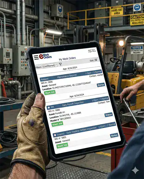 Maintenance technician using eWorkOrders mobile app on smartphone to view and complete a work order in the field
