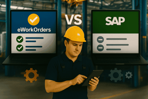 Technician comparing eWorkOrders CMMS vs SAP PM side by side on laptops