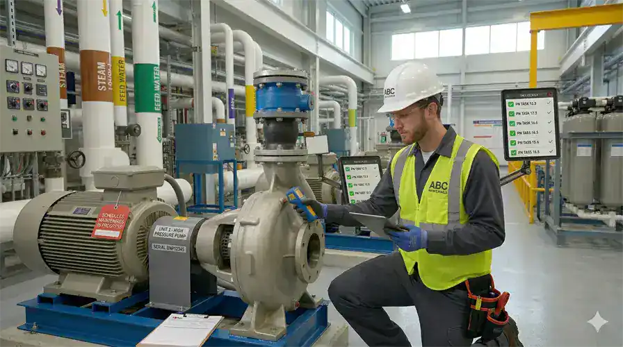 Maintenance technician in manufacturing plant using smartphone to capture photo evidence and complete inspection checklist on eWorkOrders mobile CMMS