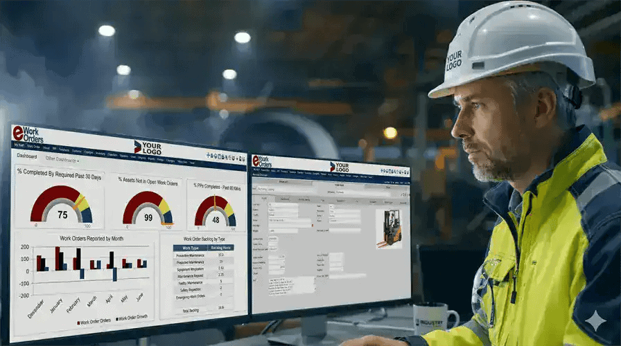 eWorkOrders enterprise asset management software dashboard showing centralized maintenance history and infrastructure performance visibility