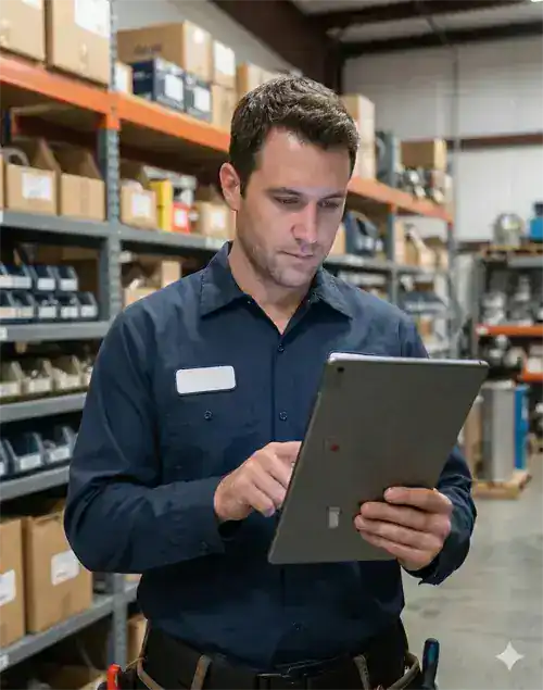Maintenance technician checking spare parts availability on mobile device using eWorkOrders CMMS while standing next to industrial equipment
