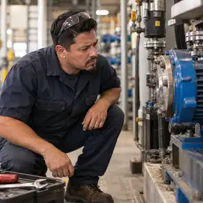 Maintenance technician inspecting a repaired pump on the shop floor