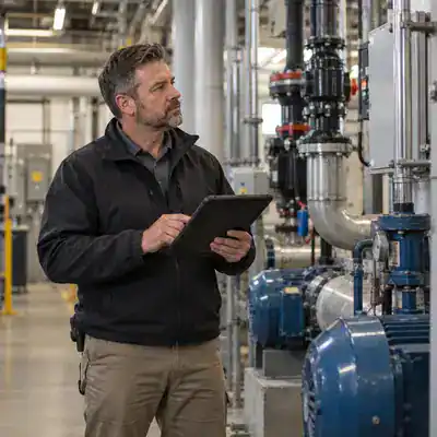 Facility manager reviewing CMMS dashboards and trend data on a laptop