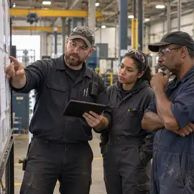 Maintenance team discussing schedules and priorities in a plant