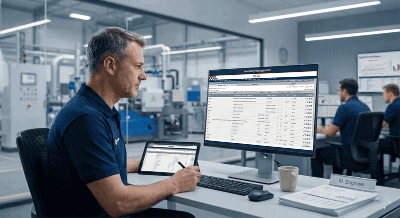 eWorkOrders CMMS spare parts inventory management screen showing part details, asset linkage, purchase history, and storeroom bin location