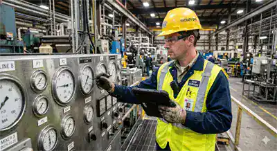 Técnico de mantenimiento revisando lecturas de medidores y datos de tiempo de funcionamiento del equipo en eWorkOrders Sistema de gestión de mantenimiento computarizado (CMMS) en instalaciones industriales