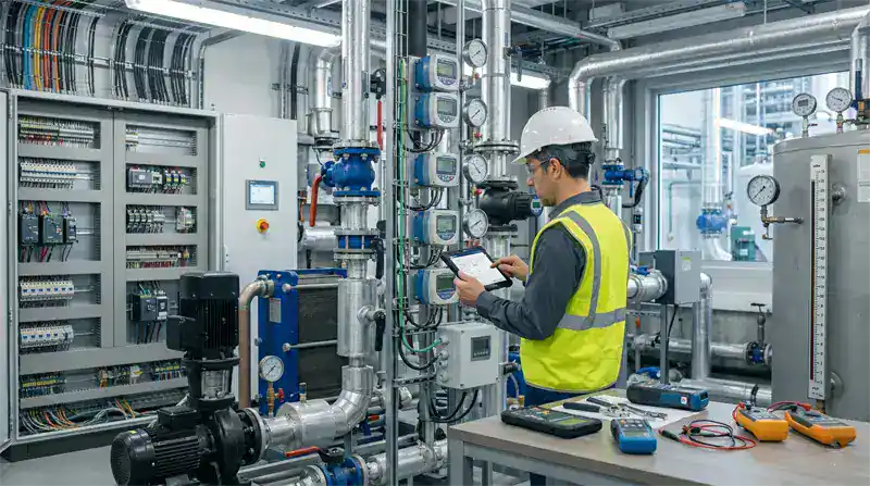 Técnico de mantenimiento revisando el historial de lecturas de medidores y los datos KPI del equipo en una tableta rodeado de medidores y manómetros industriales en eWorkOrders CMMS