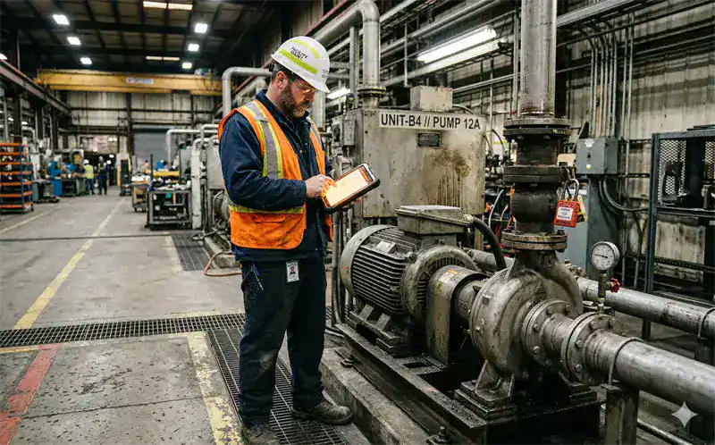 Field maintenance technician on site at equipment with mobile device showing work order alert, asset history, and checklist for predictive maintenance response