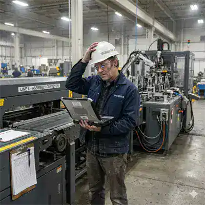 Industrial maintenance engineer in a manufacturing plant reviewing equipment condition monitoring data and predictive maintenance alerts