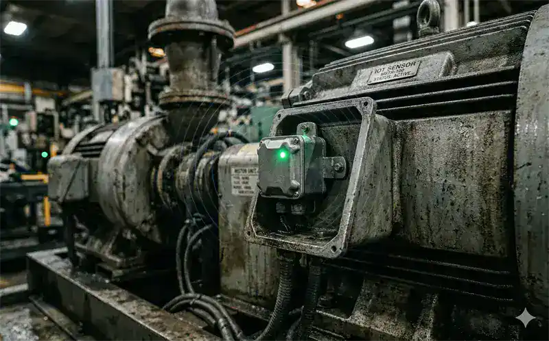 IoT sensor mounted on industrial motor on a factory floor with green LED active transmitting condition monitoring data to eWorkOrders CMMS for predictive maintenance