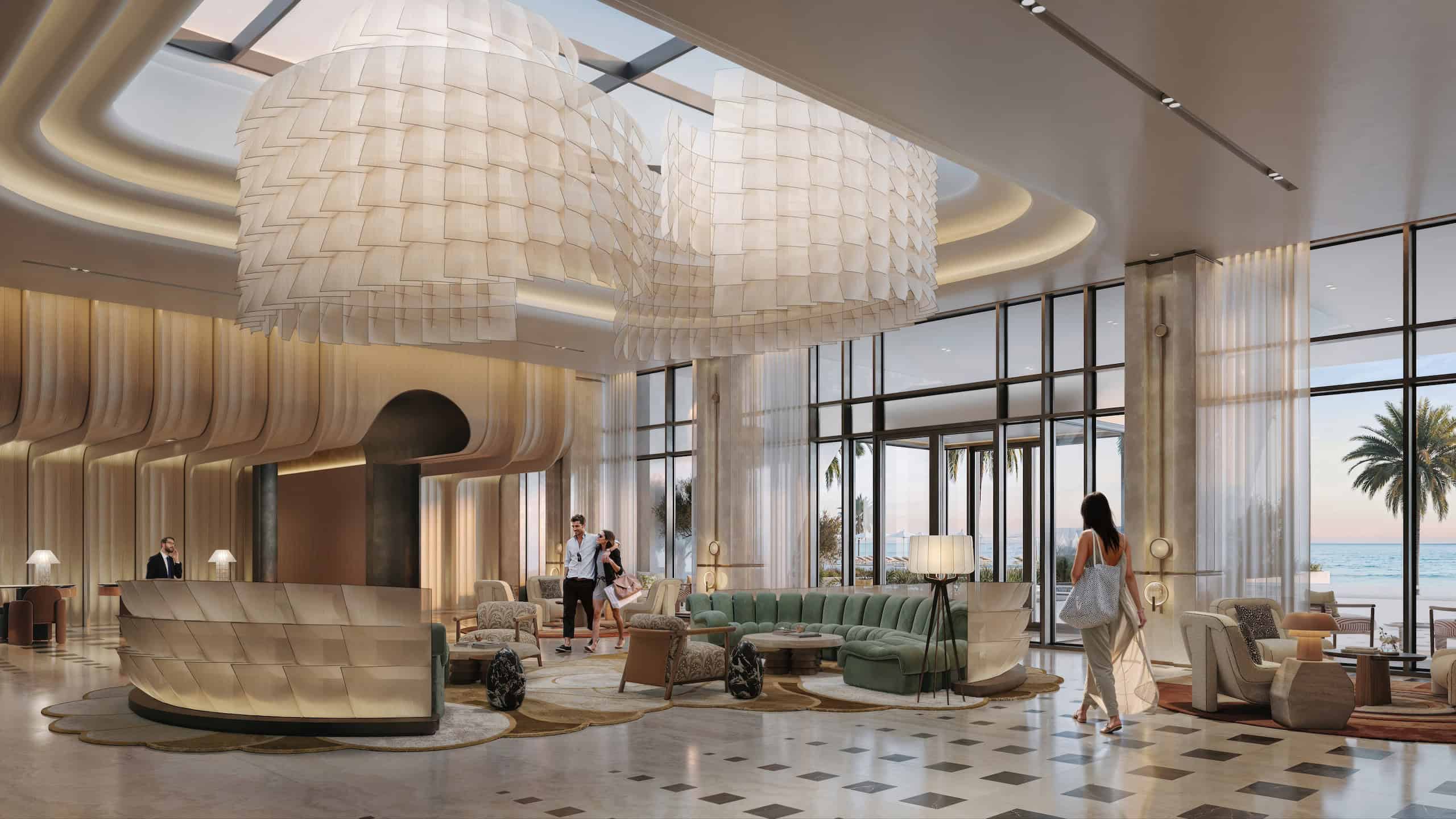 Inside view of Fairmont Ras Al Khaimah at Al Marjan Island resort showcasing luxury branded residences and serviced hotel apartments with elegant interiors.