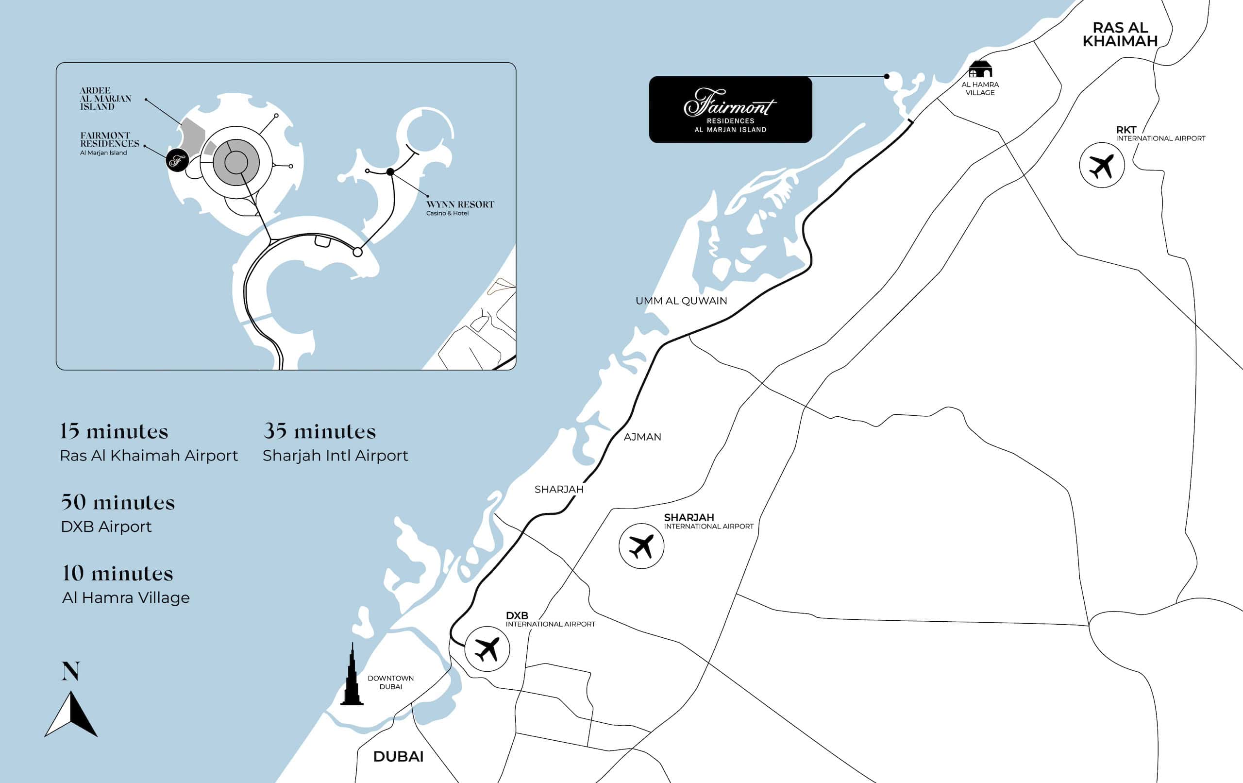 Map showing the location of Fairmont Residences on Al Marjan Island in Ras Al Khaimah near key attractions and luxury beach resorts.